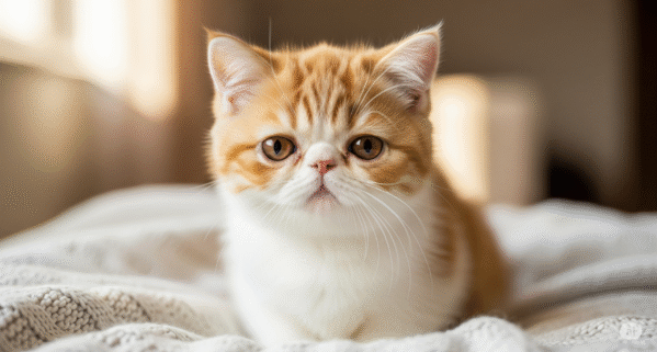 A happy and healthy orange and white Exotic Shorthair kitten sitting on a blanket.